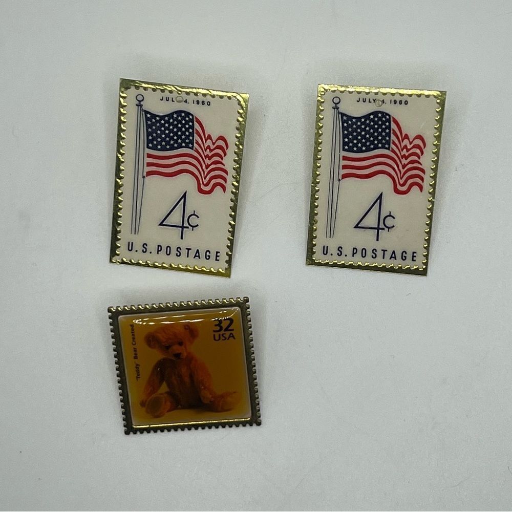 American Flag Stamp Earrings and Teddy Bear Stamp Brooch